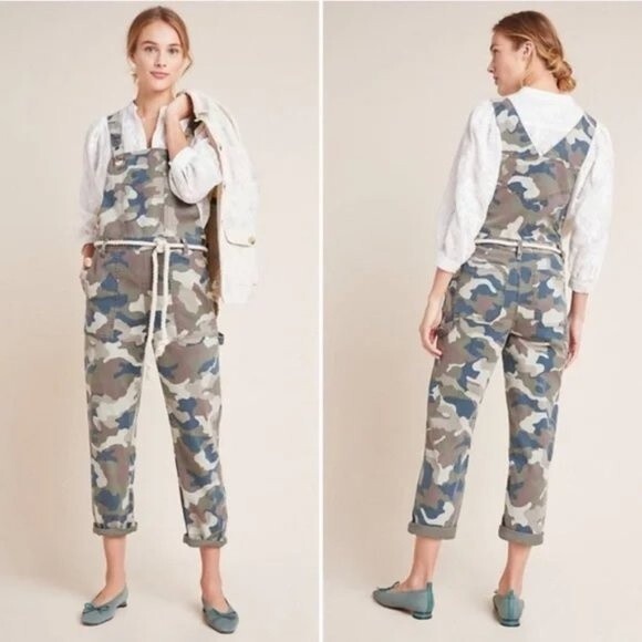 Anthropologie Camo Utility Relaxed Carpenter Overalls Cotton Stretch Size 6‎ - Picture 1 of 13